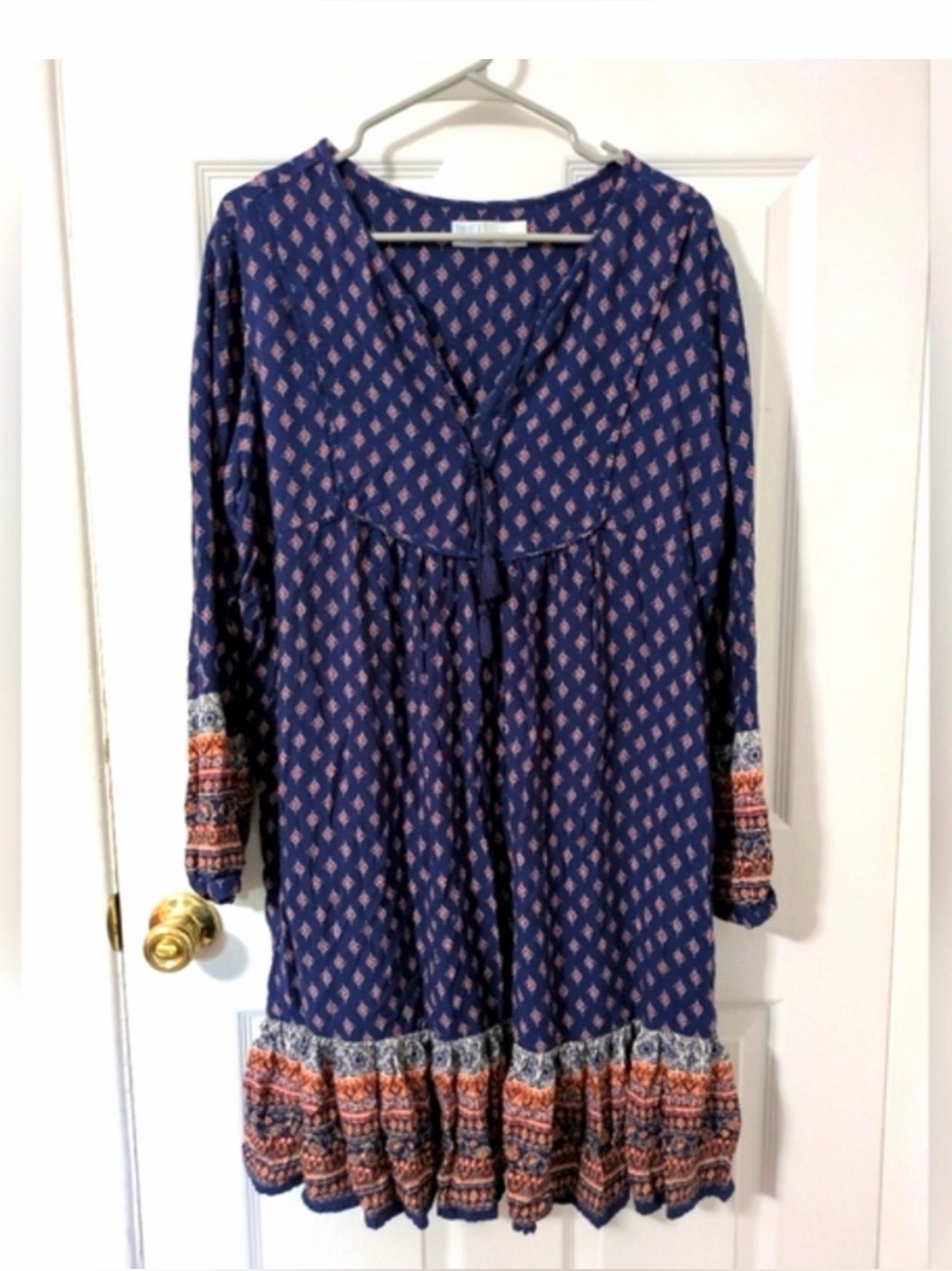 Time & Tru Bohemian Blue & Orange Mini Dress w/ Bell Sleeves Women’s XL 16 - 18